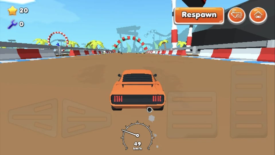 Crazy Car gameplay: the orange muscle car accelerates down a wide stunt course at 49 km/h toward loops and ramps, star and wrench counters at the top-left, touch steering zones and pedals overlaid at the bottom