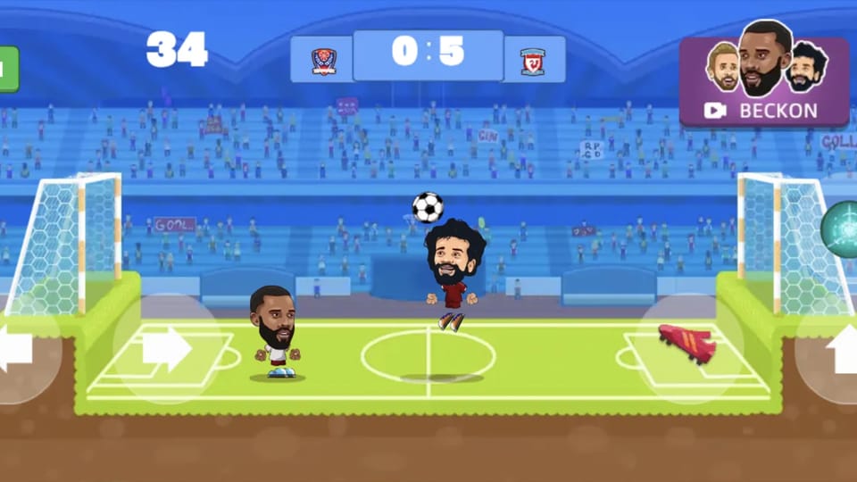 Football Legends gameplay: a Quick Match duel mid-play with the ball in the air between two big-head players on a side-view stadium pitch, the scoreboard reading 0:5 at the 34-minute mark, move arrows at the bottom-left and jump and supershot buttons at the bottom-right