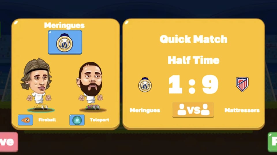 Football Legends half-time panel: the Quick Match score reads Meringues 1:9 Mattressers at half time, with two Meringues player cards showing their signature powers Fireball and Teleport