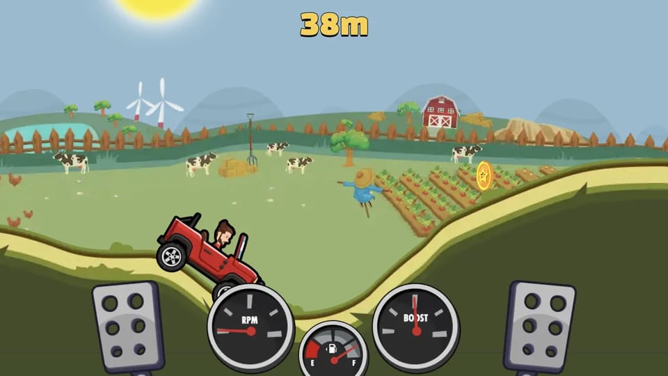 Hill Climb Racing gameplay: the red jeep tilts up a grassy hill at the 38-meter mark with a gold coin waiting on the slope ahead, RPM, fuel and BOOST gauges and the brake and gas pedals along the bottom, BEST 72m in the corner