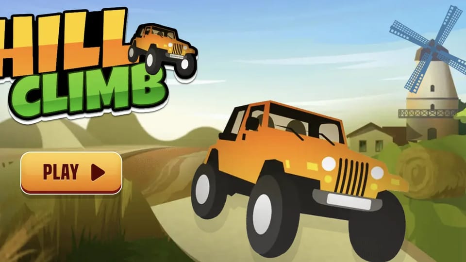 Hill Climb Racing home menu: an orange jeep parked on a farm path under the HILL CLIMB logo, a windmill and hay bales behind it, with a PLAY button and music and sound toggles