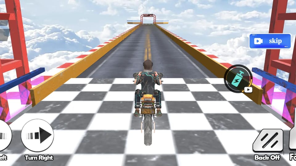 Crazy Motorcyclist gameplay: the motorcycle accelerates over the checkered start line of a narrow bridge above the clouds toward the red finish gate, Turn Left and Turn Right pads at the bottom-left and Back Off and Forward pedals at the bottom-right