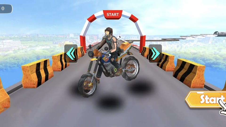 Crazy Motorcyclist home screen: the rider sits on the orange base bike under a red-and-white START arch on a sky-high track, carousel chevrons on both sides, coin counter top-left and the Start button at the bottom-right