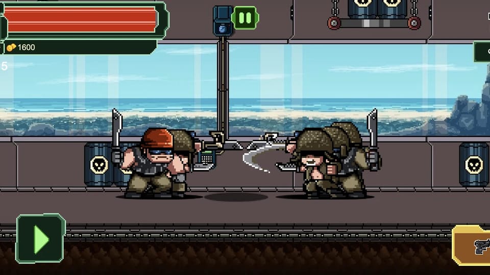 Metal Gun gameplay: the red-headband commando fires his pistol inside a factory arena while helmeted knife soldiers charge in from both sides, skull-marked barrels by the walls, health bar, coin counter, kill quota and pause button along the top