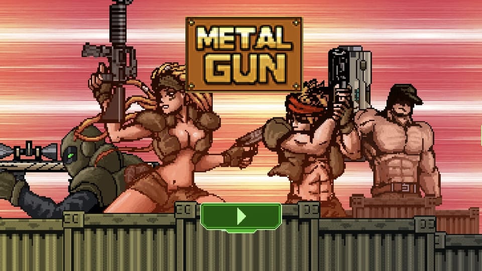 Metal Gun home menu: four pixel-art soldiers posing with rifles and a heavy machine gun under the METAL GUN logo against a red sunset sky, a green PLAY button on the military platform below