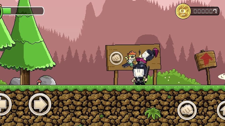Punching a ninja bandit on a wooden sign platform in the pine forest, with hit sparks and the coin counter visible