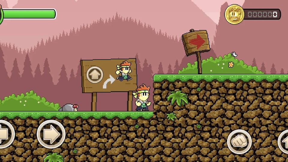 Climbing the cliff section with an up-arrow signpost and layered platforms above the village