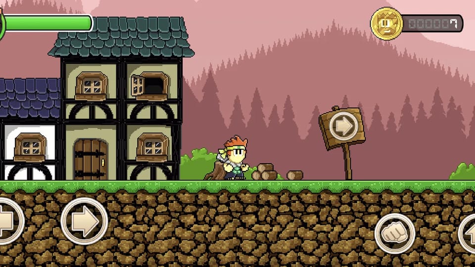 Level one village start in Pixel Brawl Quest: the hero beside wooden houses, an arrow signpost, touch controls and a health bar