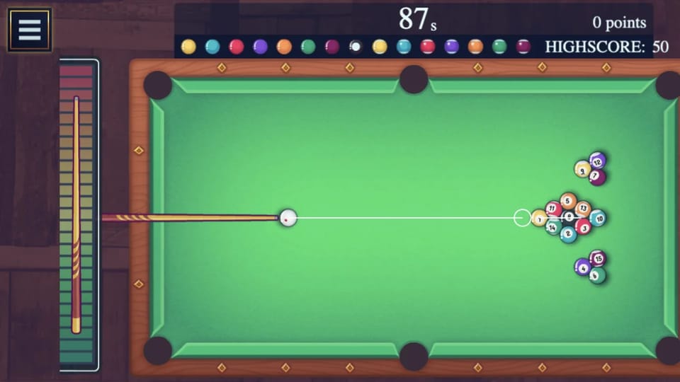 Pool Club gameplay: a fresh 15-ball rack on the right of the table, the cue ball and cue stick with the white aim guideline pointing at the rack, the 87-second timer, 0 points and highscore 50 at the top, and the pull-down power bar on the left edge