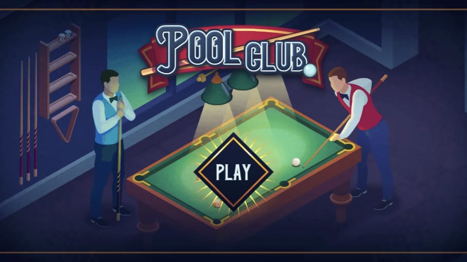 Pool Club main menu: a neon Pool Club sign over an art-deco pool table with two waistcoated players, a glowing PLAY diamond in the center, cue racks on the wall