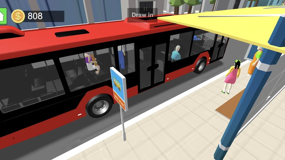 Real Bus Simulator 3D gameplay: the red bus stopped at a covered bus stop under the Draw in door prompt, seated passengers visible through the windows, a girl in pink and a man in orange walking up to board, the bus stop sign and gold counter nearby