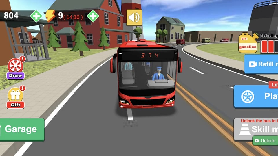 Real Bus Simulator 3D home screen: a red city bus with a uniformed driver waits at a town curb, the gold and energy counters sit at the top with a sound toggle, a gasoline tank shows two of three fuel bars and a refill timer, and Garage, Draw, Gift, Play and Skill mode buttons line the edges