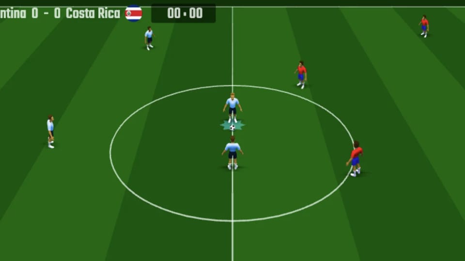 Soccer World Cup gameplay: Argentina kick off against Costa Rica at 0-0 and 00:00 on the clock, the ball at the center spot with the controlled player marked, teammates and red-shirted opponents spread around the center circle