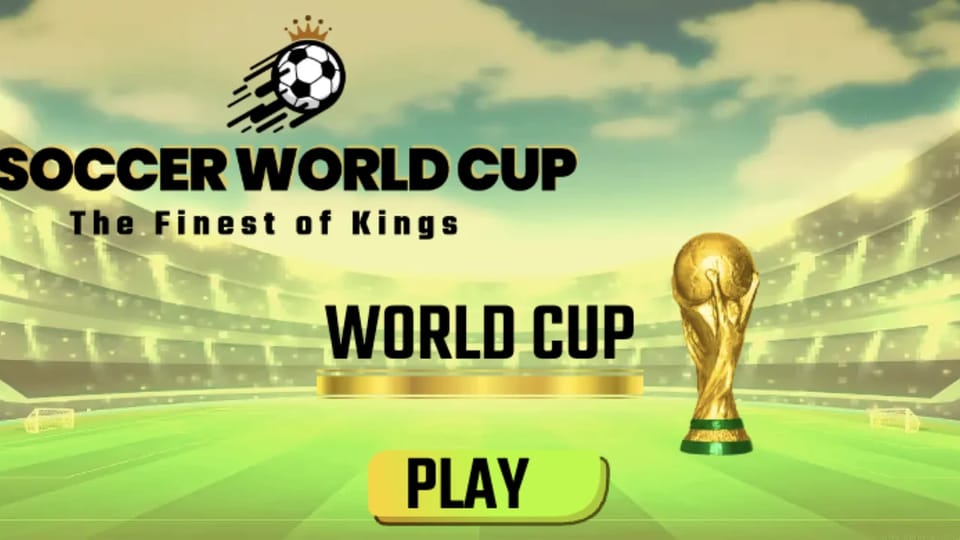Soccer World Cup title screen: the Soccer World Cup logo with the tagline The Finest of Kings, a golden World Cup trophy on a plinth, a packed stadium bowl behind, and a glowing PLAY button