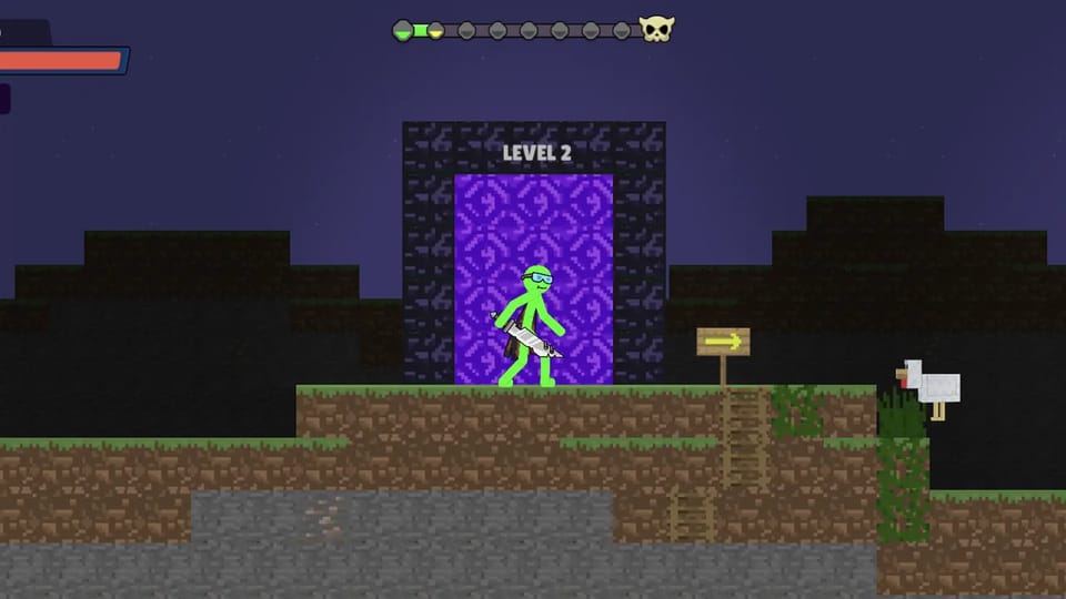 Stick Mega Battle level 2 gameplay with the sword-carrying stickman hero at the purple exit portal while a chicken and a zombie close in from the right