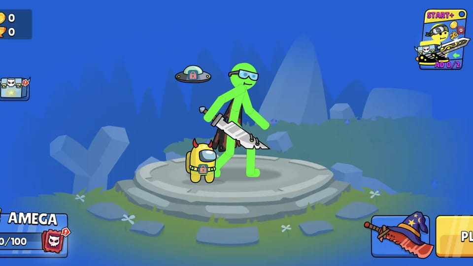 Stick Mega Battle main menu with the green stickman hero holding a sword beside an Among Us style pet, the PLAY button and QUEST, WHEEL and battle pass entries