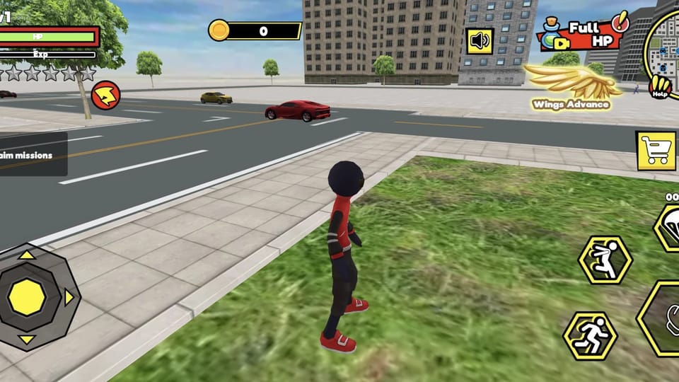Super Stick Hero 3D gameplay: the stickman hero stands on a grass verge beside a city street with cars driving past and tower blocks ahead, the HUD showing level 1, HP and Exp bars, an empty six-star meter, the task tips box, a minimap and the touch controls
