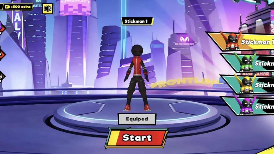 Super Stick Hero 3D main menu: the stickman hero stands on a neon platform in front of a purple-lit city skyline, with Stickman 1 equipped, locked Stickman 2-4 slots on the right, Draw, Sign and Store buttons on the left and a Start button below