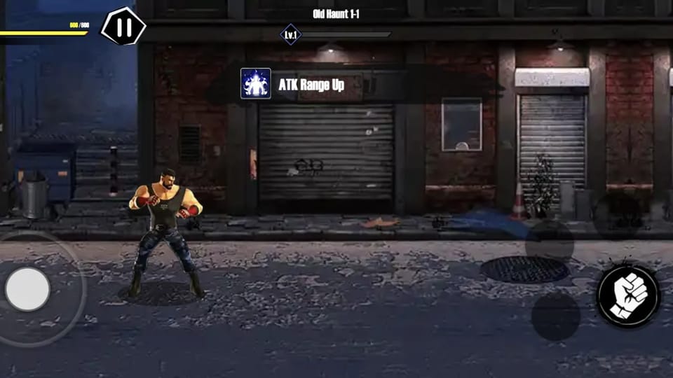 Fist Fury Brawl gameplay: Joel raises his fists on a dark city street in stage Old Haunt 1-1 as the drafted ATK Range Up skill banner flashes, with the virtual joystick at the bottom-left and the fist attack button at the bottom-right