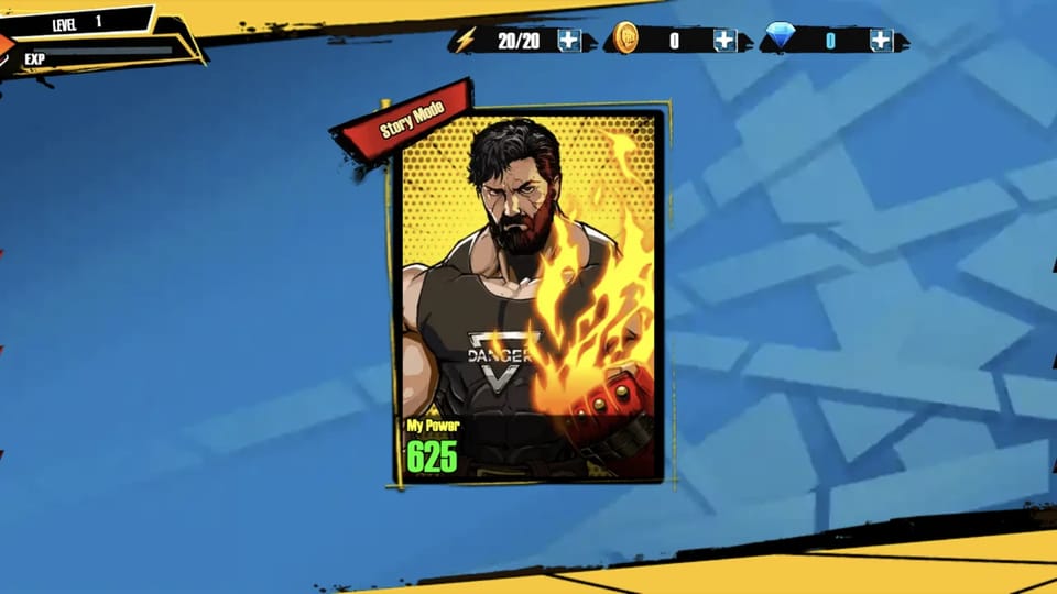 Fist Fury Brawl home screen: the Story Mode card shows the hero Joel with flaming fists and a My Power rating of 625, with the level and EXP bar top-left and energy, coin and gem counters across the top