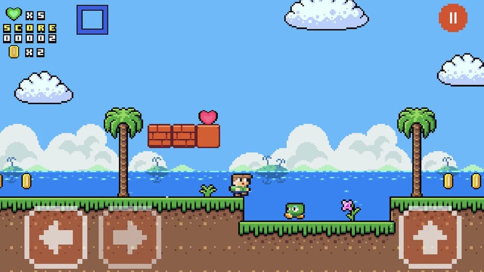 Super Oliver World level 1 gameplay: Oliver stands at a grassy cliff edge above a kiwi enemy on a lower ledge, a heart pickup sits on bumped brick blocks, coins hang over the ocean, and the HUD shows five hearts, score 2 and two coins collected