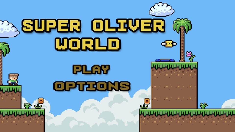 Super Oliver World main menu: the pixel-art Super Oliver World logo over a tropical platform scene with palm trees, dirt cliffs, flowers and a flying bee, with PLAY and OPTIONS buttons in the center