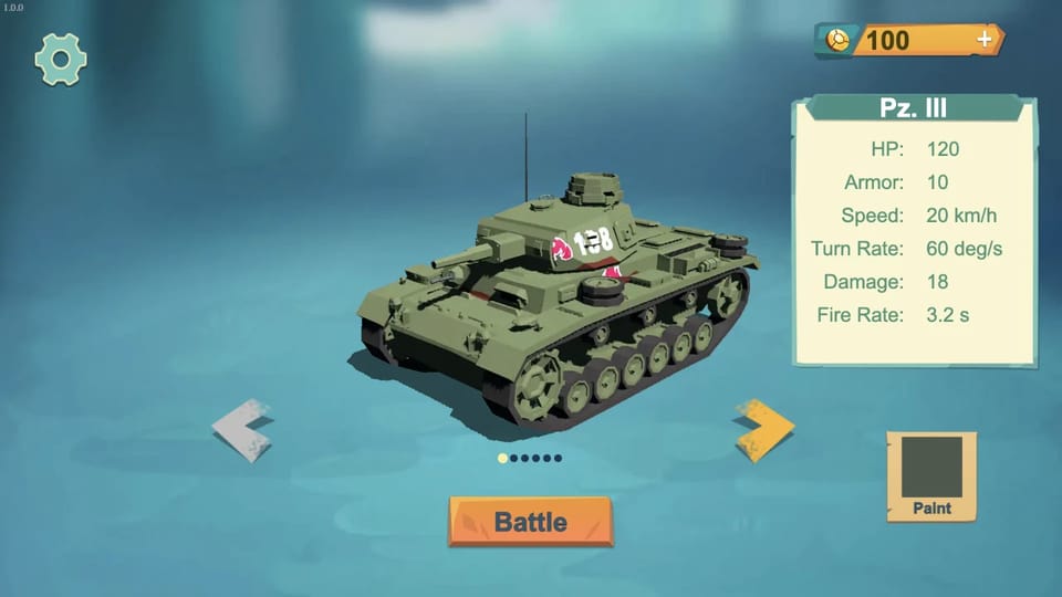 Tank garage displaying a Pz. III with stat card and Battle button